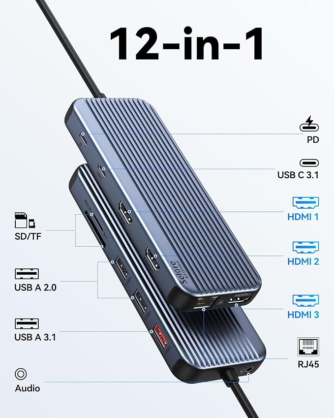 USB C Docking Station 3 HDMI, Selore 12 in 1 Laptop Docking Station 3 Monitors with Triple HDMI,10Gbps USB A/C 3.1,USB 2.0,100W PD Charging, Gigabit Ethernet, Audio Mic,SD/Micro SD Card Slot