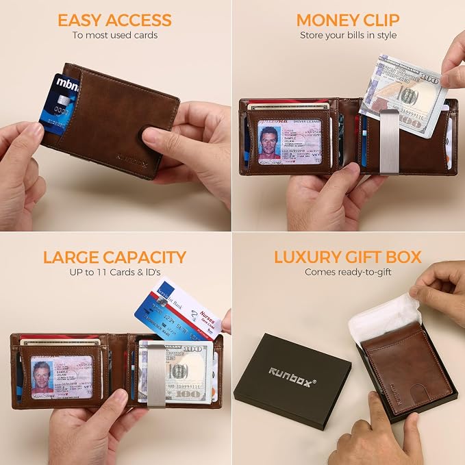 RUNBOX Slim Money Clip Wallets for Men and Teen Boys RFID Blocking 11 Card Holder Minimalist Small Leather Bifold Novelty Men's Wallet Front Pocket Gift Box