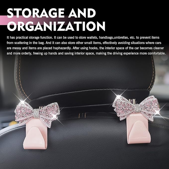 2 PCS Bling Bow Car Headrest Hook, Diamond Sparkling Invisible Seat Headrest Hooks, Vehicle Storage Organizer with Butterfly Bow Vent Clip for Purses, Bags, Groceries (Pink)