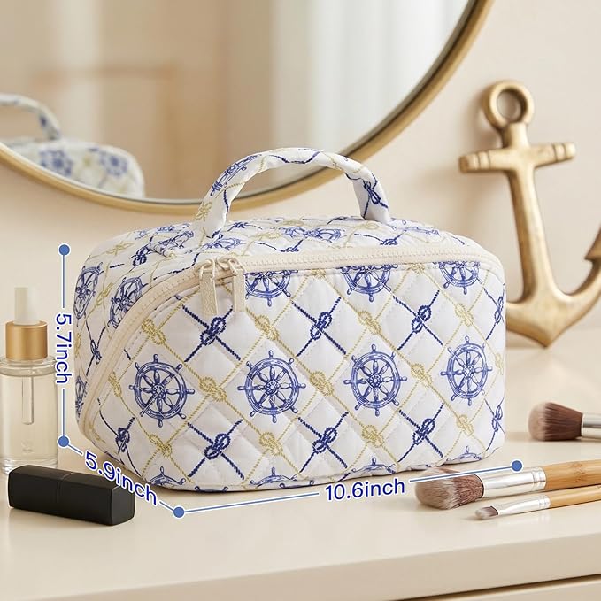 Nautical Travel Makeup Bags for Women Cruise Ship Sailing Trip Essentials Large Lay Flat Quilted Cosmetic Pouch Make Up Brush Organizer, Birthday Gifts for Mom Mothers Day Teacher Nurse Blue Anchor