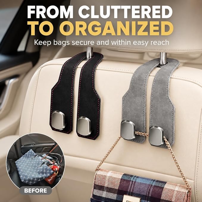 4Pcs Car Headrest Hooks with Premium Leather, Upgraded Double Metal Hooks with Anti-Drop Design, Universal Back Seat Hanger for Bags, Coats, Purses and Groceries (Stylish Black)