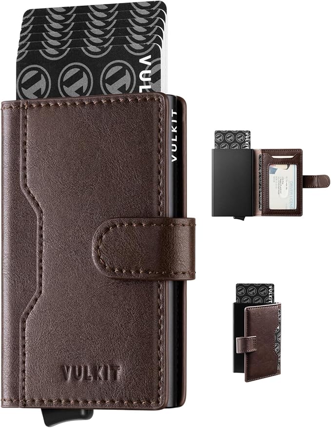 VULKIT Slim Bifold Pop up Wallet Minimalist Leather Card Holder RFID Blocking Metal Card Case with ID Window for Women | with Leather Slots, RFID Blocking, Slim, Metal Card Case