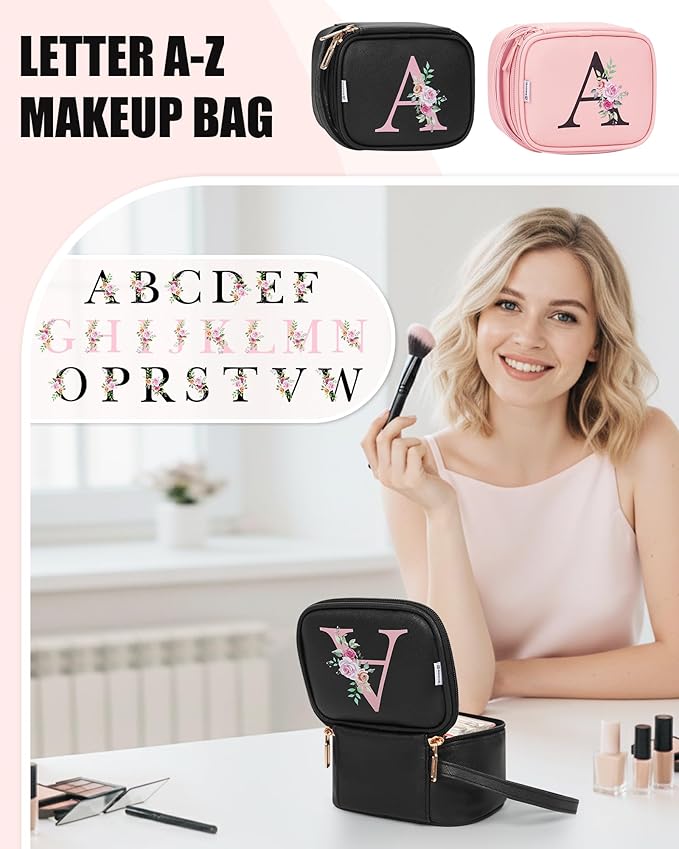 Relavel Mini Makeup Bag with Led Mirror, Initial Make Up Bag for Women, Personalized Travel Cosmetic Pouch with 3 Light Modes, Birthday Gifts for 11 12 13 14 15 16 17 18 Years Old Girl - Black W