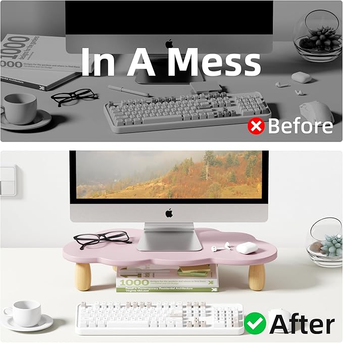 AFOOYO Monitor Stand Riser,Cloud Shape Wood Computer Monitor Stand, 16.5IN Monitor Stand Riser, Multi-Purpose Desktop Organizer Riser for Computer,Laptop,Printer,TV,Purple