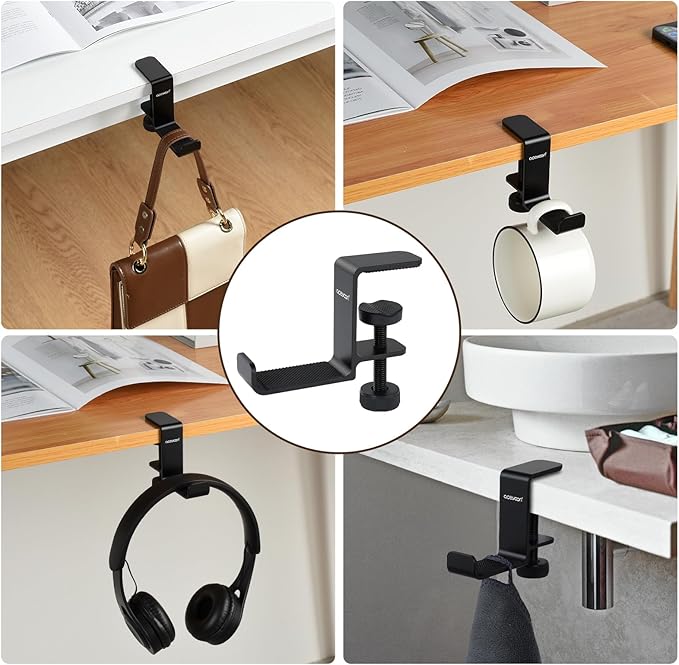 aceyoon Foldable Headphone Stand for Desk, Aluminum Headset Stand Clamp Hook Under Desk Space Save Mount, Headset Holder for Gaming Headphone (Single Foldable Stand)
