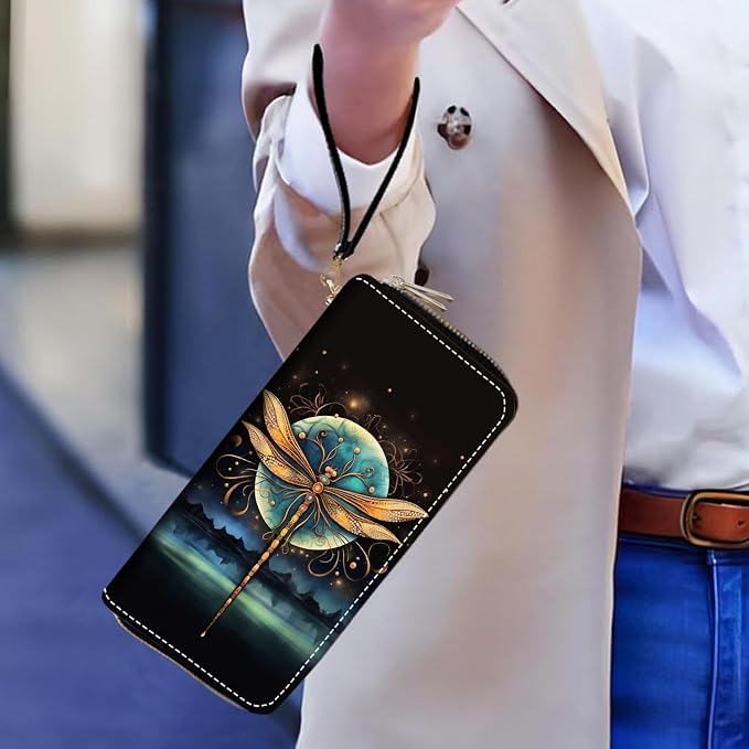 Women's Large Capacity Wallet PU Leather Double Zipper Clutch Purse Multifunctional Wallet with Removable Wristlet Strap for Smart Phone/Coin/Card/Cash - Dragonfly