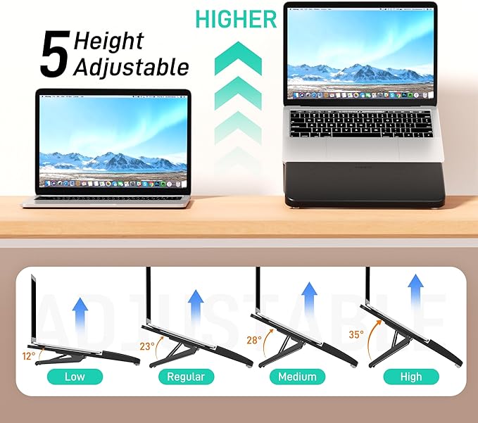 AFOOYO Adjustable Bamboo Laptop Stand,Portable Computer Riser,Ergonomic Notebook Mount with Wrist Rest,Compatible with 9.8-15'' All Laptops,MacBook Air Pro/HP/Dell/Lenovo,Black