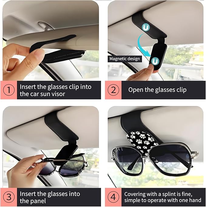 Sunglasses Holder for Car Visor, PU Leather Glasses Clip Organizer, Cute Magnetic Eyeglass Holder for Vehicle Sun Visor, Car Interior Accessory for Women & Men Black White Dog Paws