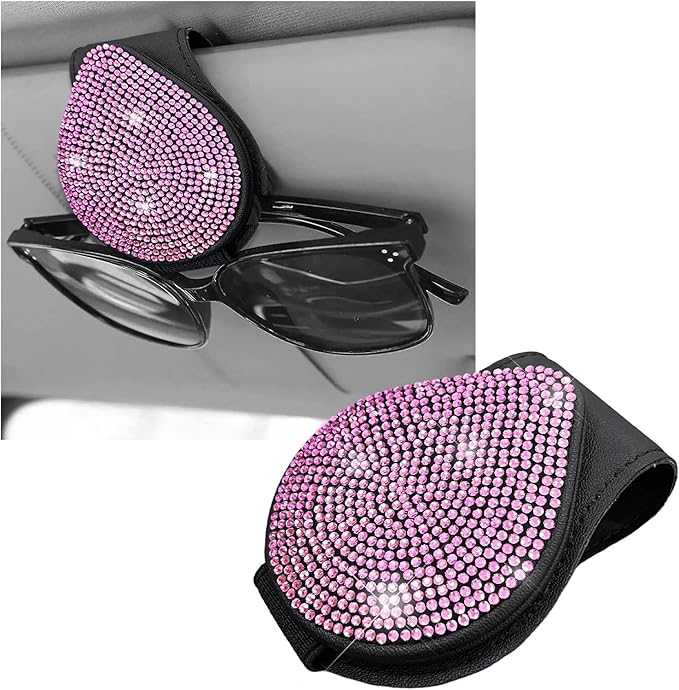 KVAEY Bling Sunglass Holder for Car Visor, Magnetic Leather Visor Clip Glasses Holder with Sparkling Rhinestones, Crystal Visor Ticket Card Clip for Women Girls, Car Accessories (Black & Pink)