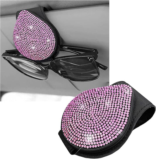 KVAEY Bling Sunglass Holder for Car Visor, Magnetic Leather Visor Clip Glasses Holder with Sparkling Rhinestones, Crystal Visor Ticket Card Clip for Women Girls, Car Accessories (Black & Pink)