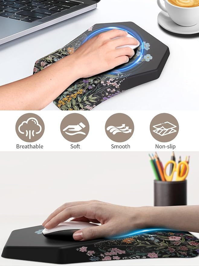 3-in-1 Ergonomic Keyboard Stand with Wrist Rest & Mouse Pad Set, Comfy Keyboard Riser Holder Soft Mousepad with Massage Design, Memory Foam and Non-Slip PU Base for Pain Relief, Flower