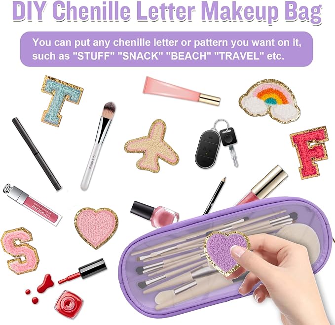 Nylon Small Clear Makeup Bag Slim Pencil Pouch, Cute Makeup Bag Preppy Cosmetic Zipper Pouch Pencil Case for Purse, Travel PVC Toiletry Bag Clutch Coin Pouch Makeup Organizer for Women Girls(Purple)