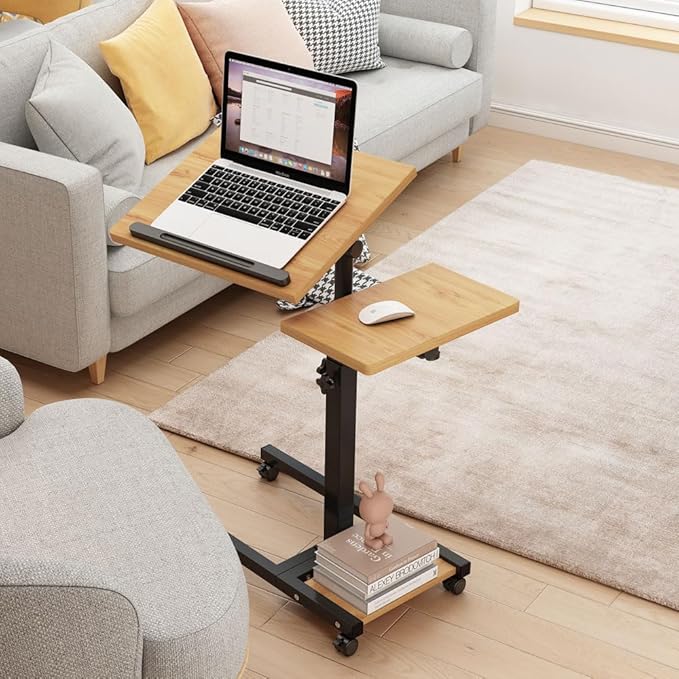 Mobile Height Adjustable Laptop Desk with Mouse Pad, Portable Laptop Desk Rolling Tiltable Table with Small Side Table for Couch,Rolling Computer Stand