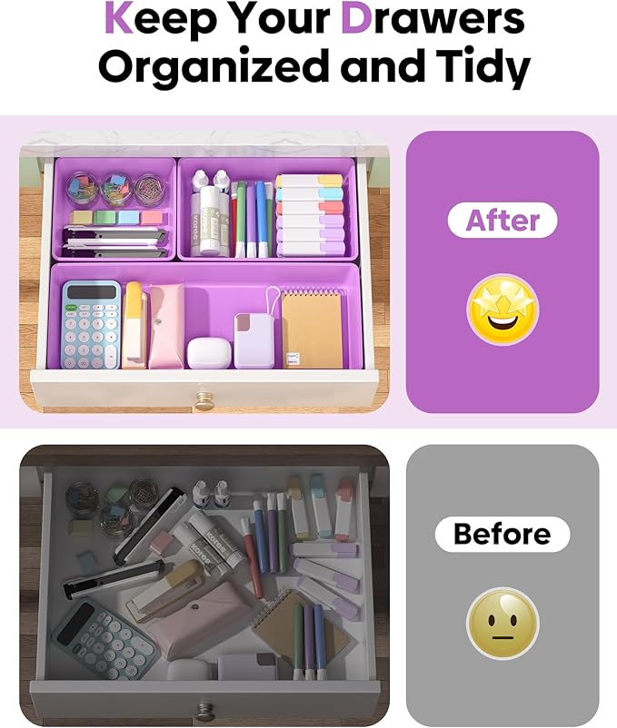 10 Pack Large Size Plastic Drawer Organizers Set, 3 Sizes Desk Drawer Organizer Trays, Storage Bins for Vanity, Makeup, Bathroom, Kitchen Utensils and Office (Purple)