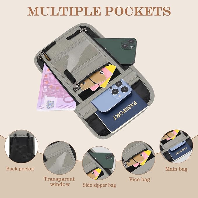 Passport Holder for Travel, Neck Pouch Travel Wallet With RFID Blocking, Waterproof Lightweight Passport Wallet for Women and Men (Gray)