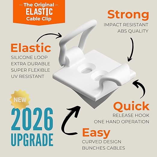 [Made in the UK] 10-Pack Adjustable Elastic Adhesive Cable Clips, Wire Management Holder, Cord Organizer for Home Office, Under Desk, Behind TV, Phone Charger, Laptop, PC, HDMI, USB (White)