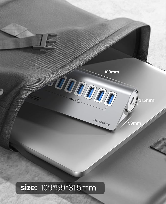 ORICO 7-Port USB 3.2 Gen2 Hub, Desktop USB 3.2 Hub with 7 USB-A Ports, 5V 3A Power Supply Port, 10Gbps Aluminium USB-Splitter with 3.28Ft USB-C to USB-C Cable for iMac, MacBooks, Mac mini