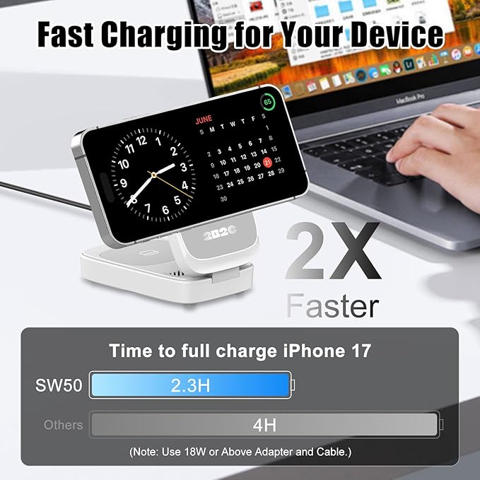 3 in 1 MagSafe Wireless Charging Station, 15W Magnetic Fast Charger for iPhone 17/16/15/14/13/12 Series, Apple Watch & AirPods, Foldable Portable Charging Stand for Desk, Bedside & Travel, White