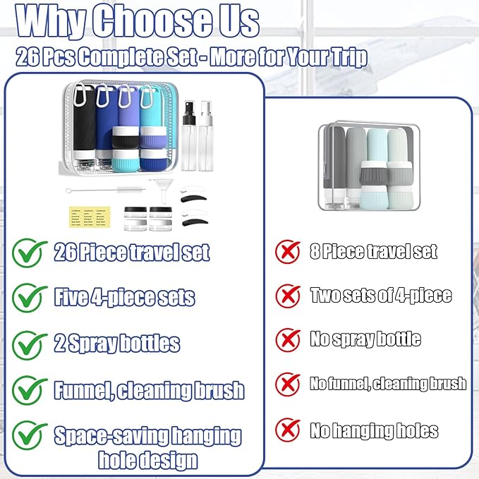 26 Pcs TSA Approved Travel Toiletry Bottles Set, Leakproof Silicone Refillable Travel Containers with Hanging Hole & Carabiner, Portable Essentials, for Shampoo Conditioner Lotion Body Wash