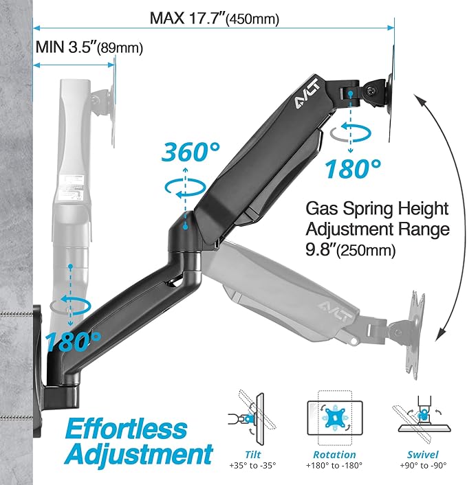AVLT Dual 17"-32" Monitor Wall Mount fits Two 19.8 lbs Flat/Curved Computer Screen Full Motion Height Swivel Tilt Rotation Adjustable Arm - VESA/Cable Management