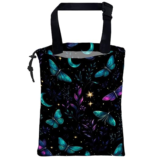 Car Garbage Bag Blue Purple Butterfly and Moon Hanging Canvas Car Trash Bag Waterproof Drawstring Car Back Seat Organizer for Car Back Front Seat Console with Adjustable Buckle