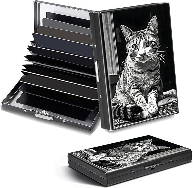 Credit Card Holder, Art Cat Design Mini RFID Blocking Aluminum Wallet Slim Metal Hard Case Shell Travel Wallet ID Case Small Credit Cards Case Business Cards for Women Men Girls