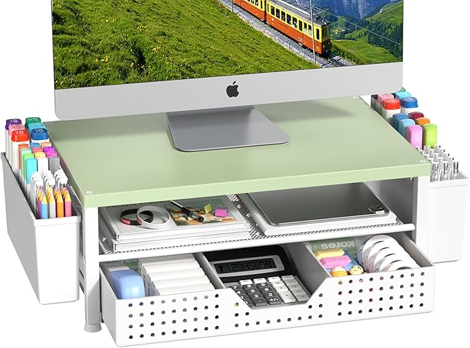 Wood Metal Monitor Stand Riser, Laptop Stand for Desk, Office Desk Organizer and Accessories, Computer Desktop Shelf with Drawer and Pen Holder, Printer Stand for Home, Office, Dorm (Green Wood)