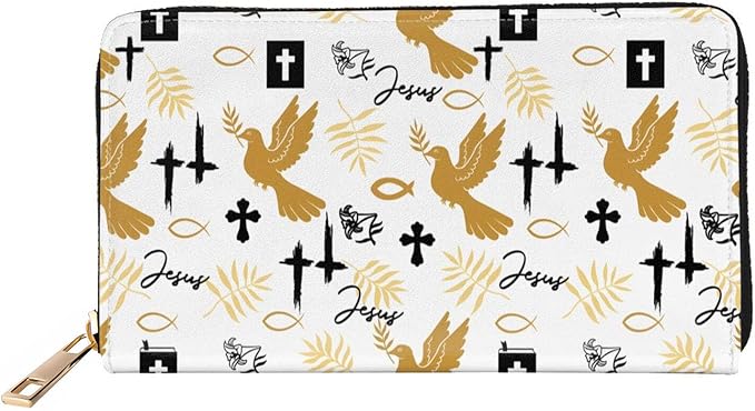 Jesus Cross Leather Wallet Phone Credit Card Money Holder with Many Rooms Zipper Purse for Women Men