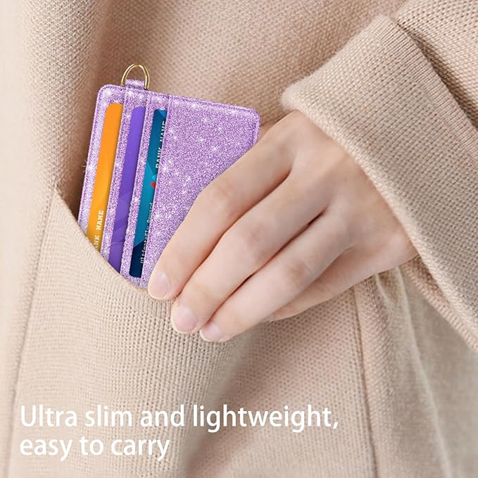 Slim Minimalist Front Pocket RFID Blocking Credit Card Holder Small Wallet Cute Card Cases for Women,Glitter Purple