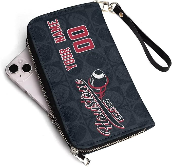 Custom Sports Team Zip Organizer Wallet-Personalized PU Leather Wallet with Name Number,Multi-Card Slots,Wrist Strap,Fan Gift for Men Women.