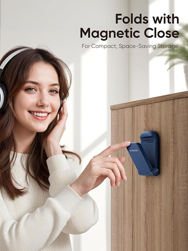 MAMUVIMO Headphone Stand, 2 Pack Headset Stand Foldable＆Sticky, Headphone Holder Hook Mount with Non-Slip Silicone, Adhesive Earphone Desk Hanger Clip Space-Saving for Airpods Max, All Earphones- Blue