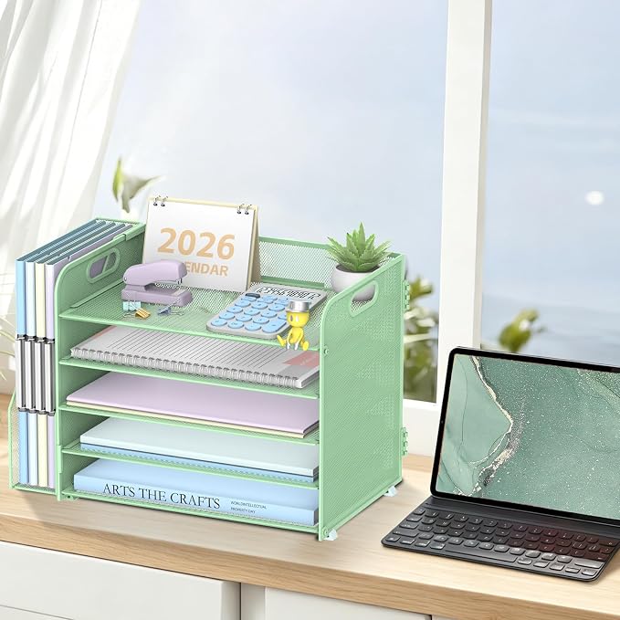 SUPEASY 5-Tier Desk Organizer with File Holder, Desk Organizers and Accessories, Paper Organizer for Desk, Mesh Desktop File Organizer, Workspace Organizers for Office School Home, Green