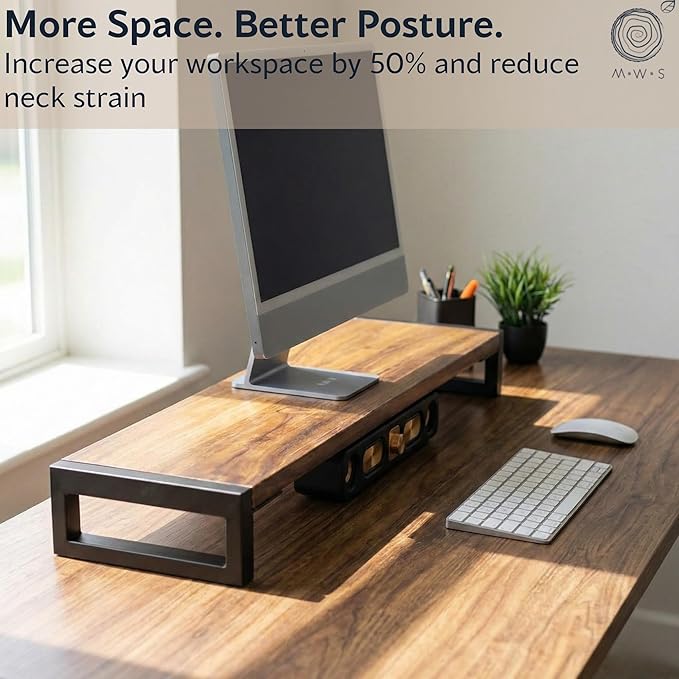 Dual Monitor Stand Riser for Desk ??40??Wide Walnut Solid Wood Desk Riser with Metal U-Legs, Scratch-Resistant, Hassle-Free Assembly