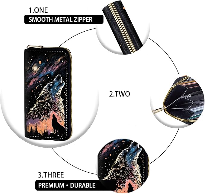 Women's RFID Blocking Zip Around Wallet with Detachable Wrist Strap, Large Capacity Credit Card Holder Organizer for Everyday Use,Galaxy Wolf