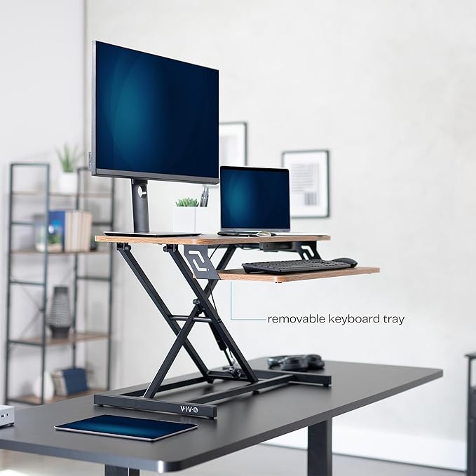 VIVO Height Adjustable 32 inch Stand Up Desk Converter, Quick Sit to Stand Tabletop Dual Monitor Riser Workstation, Rustic Vintage Brown Desktop, Black Frame, DESK-V000SN