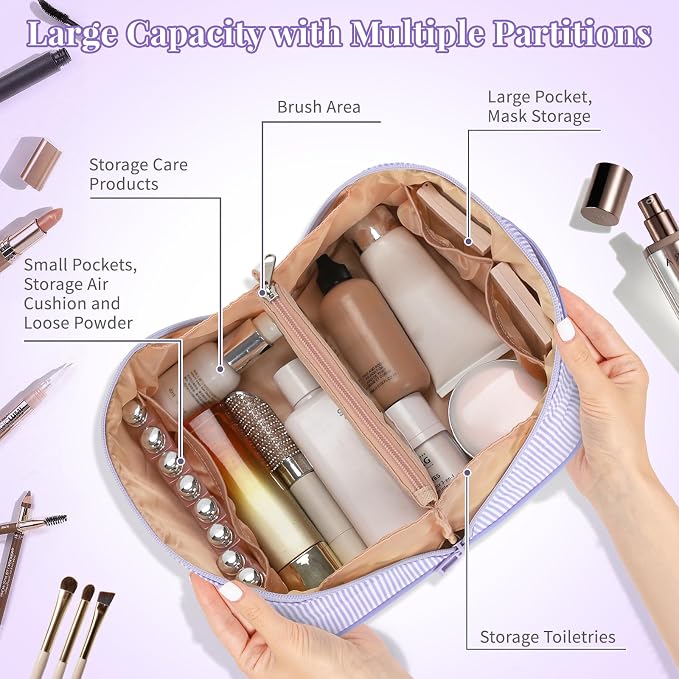2026 Graduation Gifts - Travel Makeup Bag for Women, 2Pcs Portable Personalized Initial Makeup Organizer Bag, Open Flat Large Cosmetic Bag With Travel Essential Pouch (Purple Letter A)