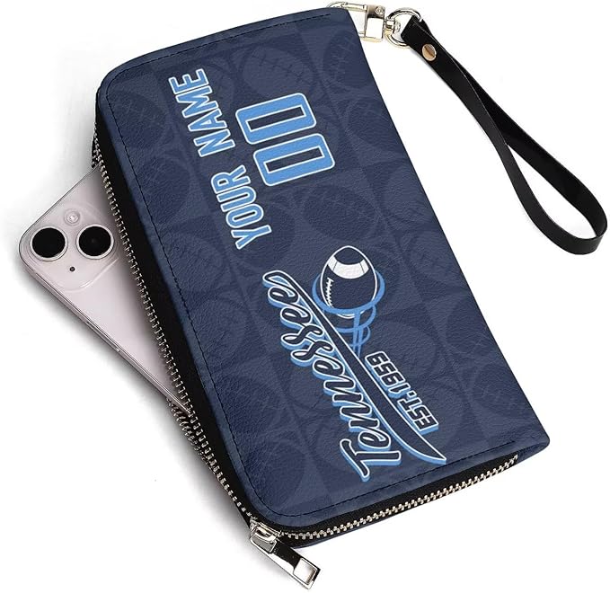 Custom Sports Team Zip Organizer Wallet-Personalized PU Leather Wallet with Name Number,Multi-Card Slots,Wrist Strap,Fan Gift for Men Women.
