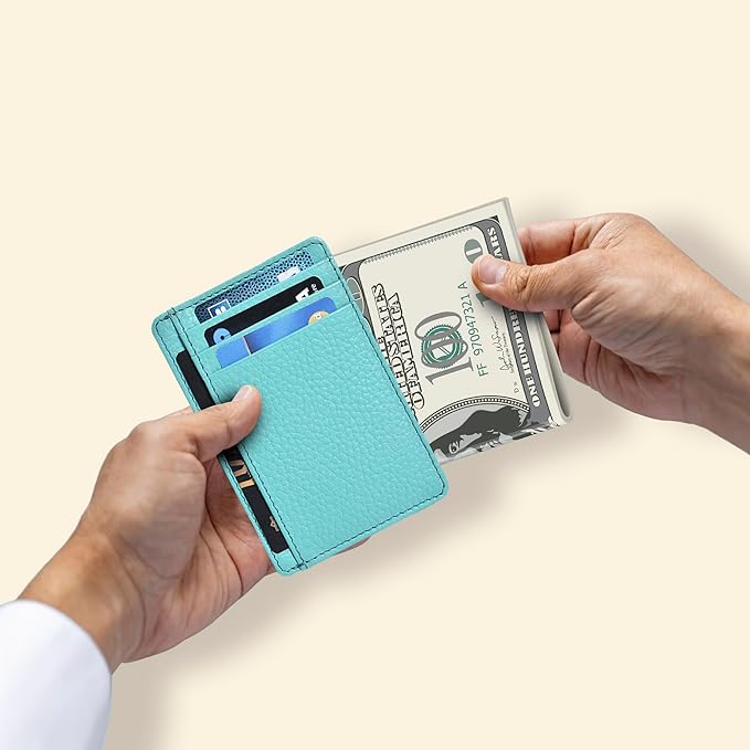 Real Leather Slim Minimalist Wallet for Men and Women -RFID Blocking Front Pocket Thin Credit Card Holder Stylish Wallets (Light Geen)