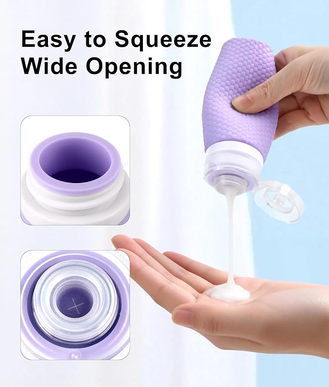 Travel Bottles for Toiletries, TSA Approved 3oz Leak Proof Travel Size Liquid Containers, BPA-Free Refillable Silicone Squeeze Bottles, Ideal for Shampoo Lotion and Conditioner (4 Pack)