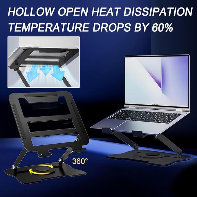 Adjustable Laptop Stand, Portable 360° Rotating & Foldable Metal Laptop Riser, Collapsible Travel Laptop Stand for 10-16" Notebooks, Ergonomic Laptop Holder