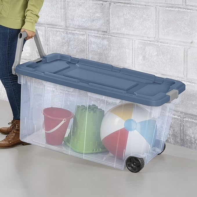 160 Quart Wheeled Stacker Tote, Extra Large Durable Clear Bin, Latch Lid and Pull Handle, 2 Count (Blue/Clear)
