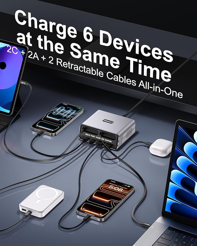 6-in-1 Retractable USB C Charger, 100W GaN Desktop Charging Station for Multiple Devices, Dual 2.3ft Built-in Retractable Cords, PD 65W Fast Charger for iPhone 17/16/15, Galaxy S26, Home Office