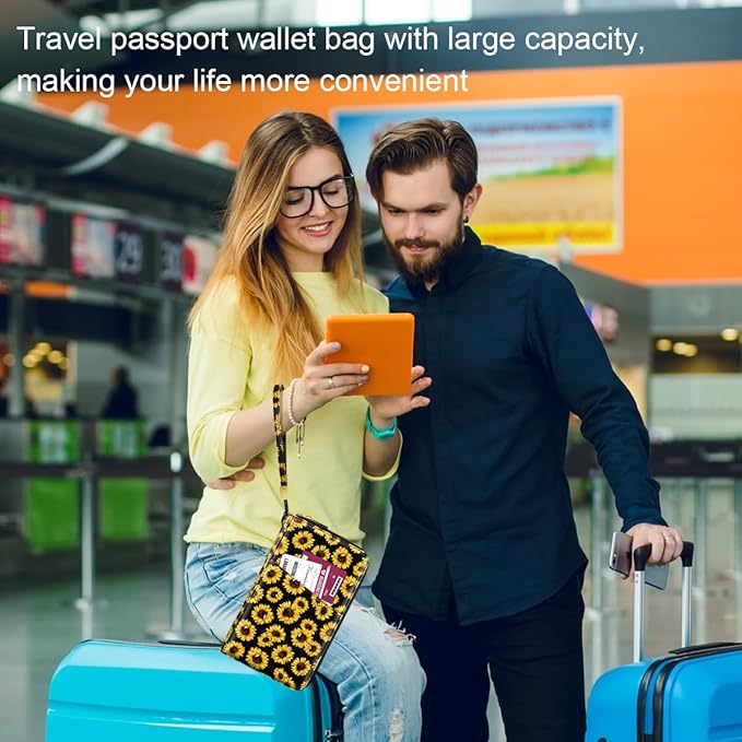 Family Passport Holder Wallet RFID Blocking Document Organizer PU Leather Mulit-purpose Travel Wallet Credit Cards Case for Women Men,Sunflowers