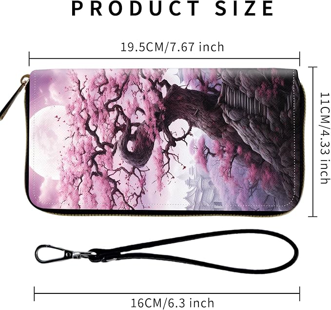 Wallet,Leather Long Wallet Suitable For Ladies And Teenagers - Detachable Wristband + RFID Travel Wallet With Card Slot - Cherry Blossom Tree