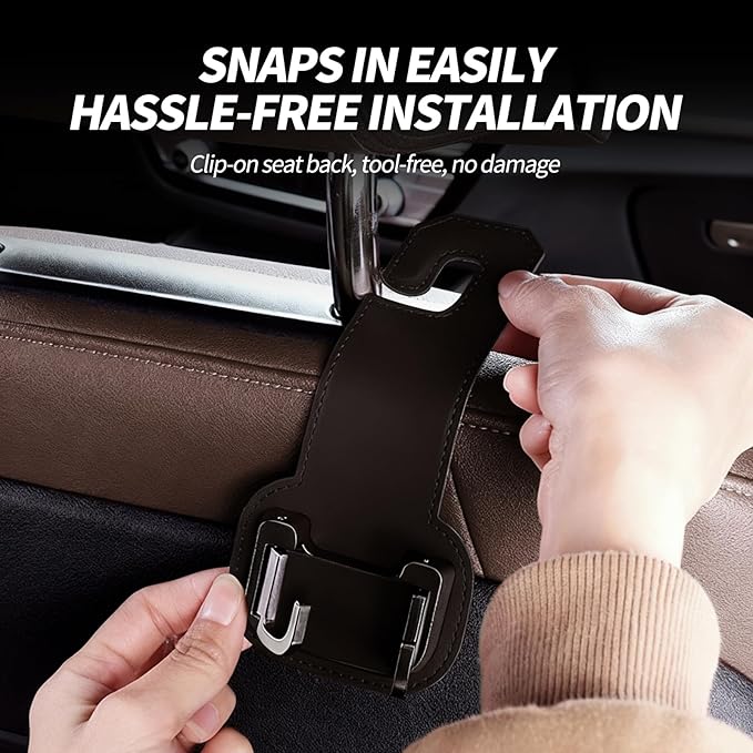 2 Packs Headrest Hooks for Car, Hidden Twinhook Leather & Metal Car Purse Holders, Universal Seat Back Storage Organizer Hanger for Purse Bag Handbags Phones, 2026 Car Seat Accessories (Brown)
