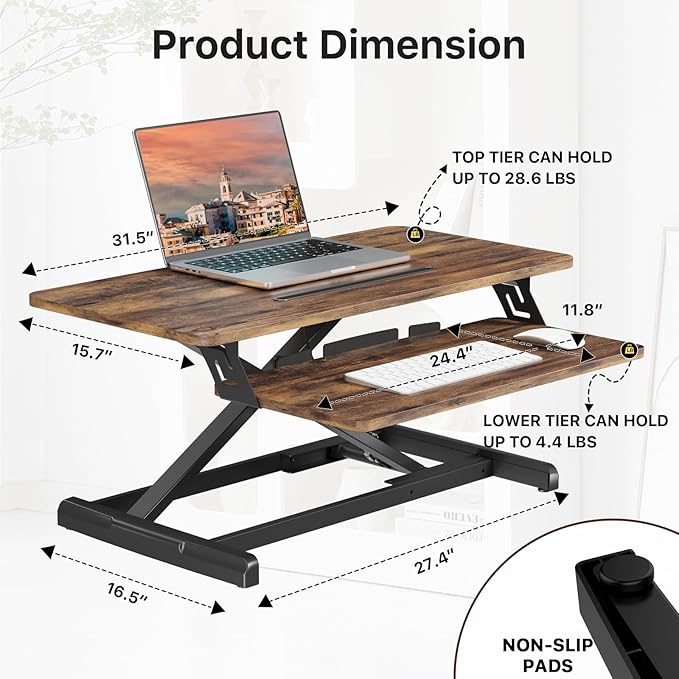 JOY worker Standing Desk Converter, 32" Wide Height Adjustable Sit Stand Up Desk Riser with Keyboard Tray, Desktop Workstation Riser for Home Office Computer Laptop, Particle Board, Rustic