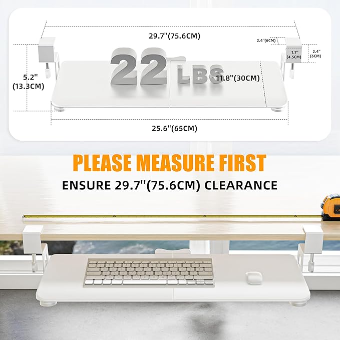 Keyboard Tray Under Desk, Pull Out Keyboard Tray with C Clamp Mount, 25.6" (29.7" Including Clamps) x 11.8" Slide-Out Platform Computer Drawer for Typing, Keyboard & Mouse Tray, White