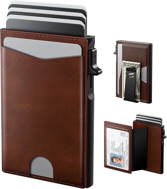 typecase Flip Pop Up Wallet for Men Card Holder: Smart Privacy & lD Display Mode, RFID Blocking, Slim Genuine Leather, Minimalist Front Pocket - 8 Cards Capacity | ID Window | Money Clip (Brown)