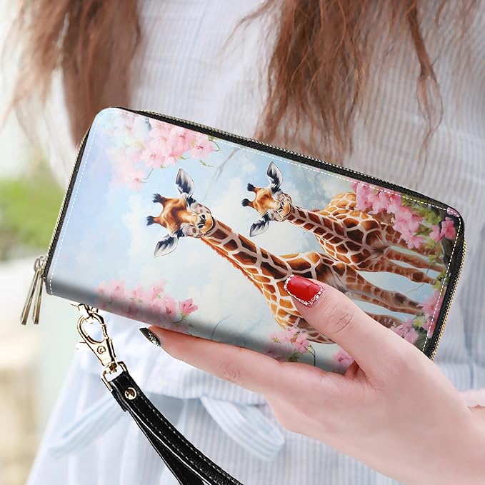 Women's Large Capacity Wallet PU Leather Double Zipper Clutch Purse Multifunctional Wallet with Removable Wristlet Strap for Smart Phone/Coin/Card/Cash, Giraffe