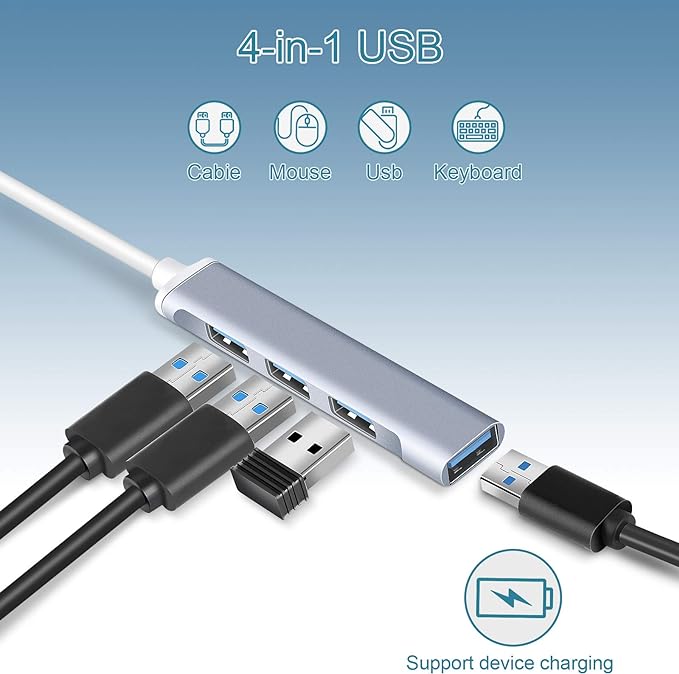 4-Port USB Hub Port Splitter: USB Port Expander - USB 3.0 Hub USB Dongle Multiport for Office Laptop PC Dell HP - Aluminum Alloy